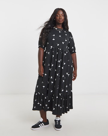 Black Ditsy Print Supersoft Tiered Midi Dress