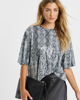 Grey Snake Print Sequin Boxy T-Shirt