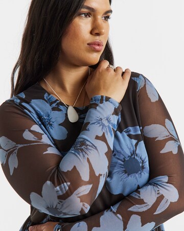 Simply Be Chocolate And Blue Floral Printed Mesh Midi Dress