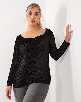 Black Velvet Glitter Ruched Top