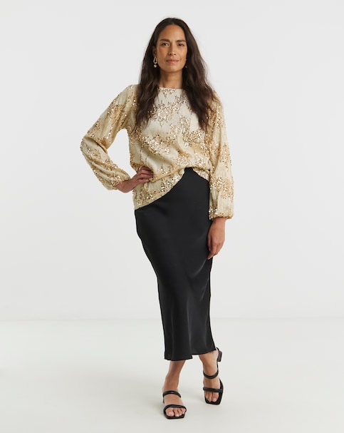 Velvet Sequin Slash Neck Volume Sleeve Top