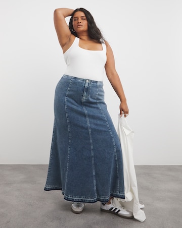 Mid Wash Fit and Flare Denim Maxi Skirt