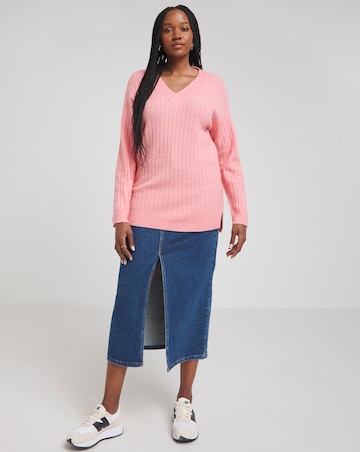 Pink Slouchy V Neck Ribbed Longline Jumper