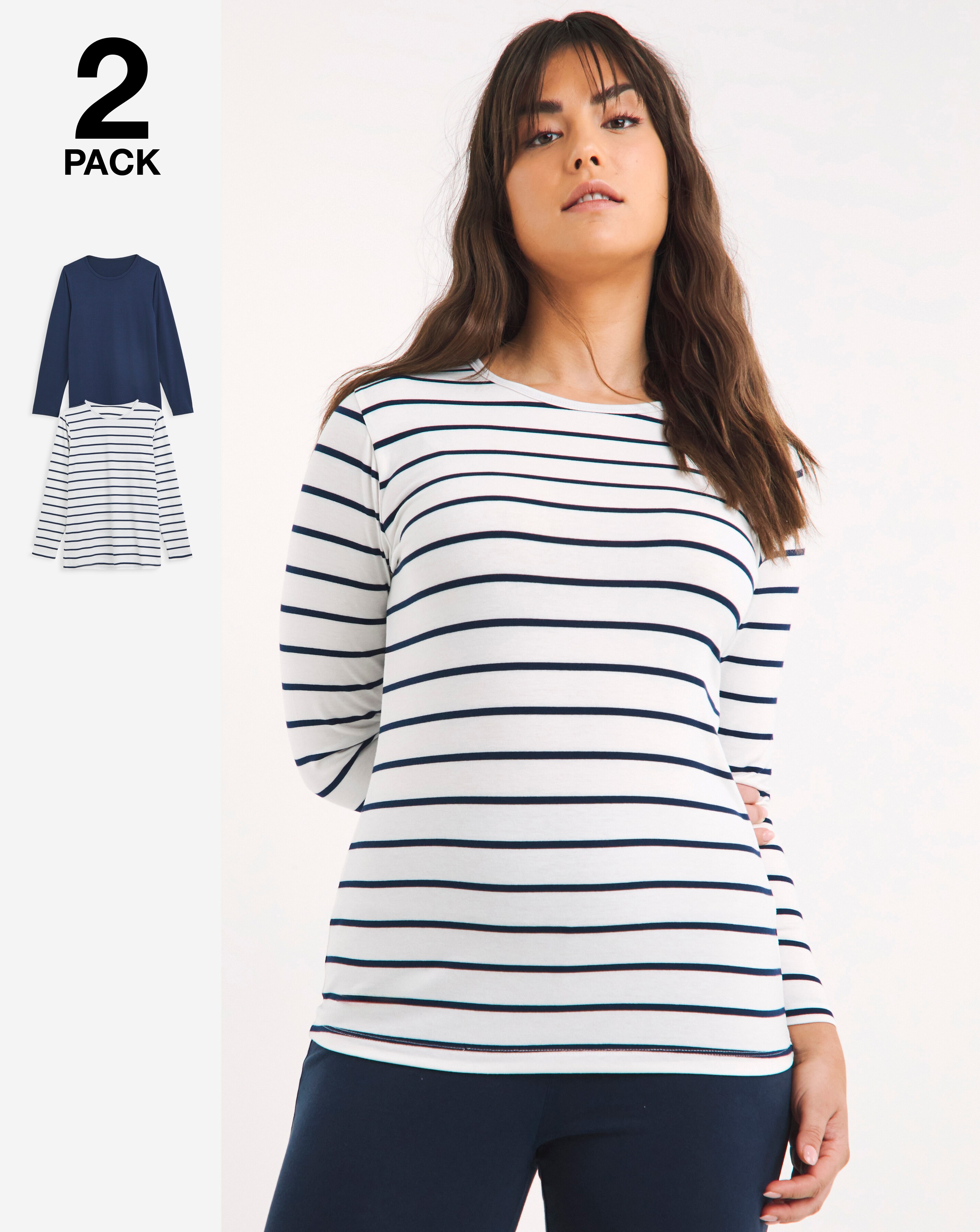 Pretty Secrets 2 Pack Thermal Long Sleeve Tops - Navy/Stripe