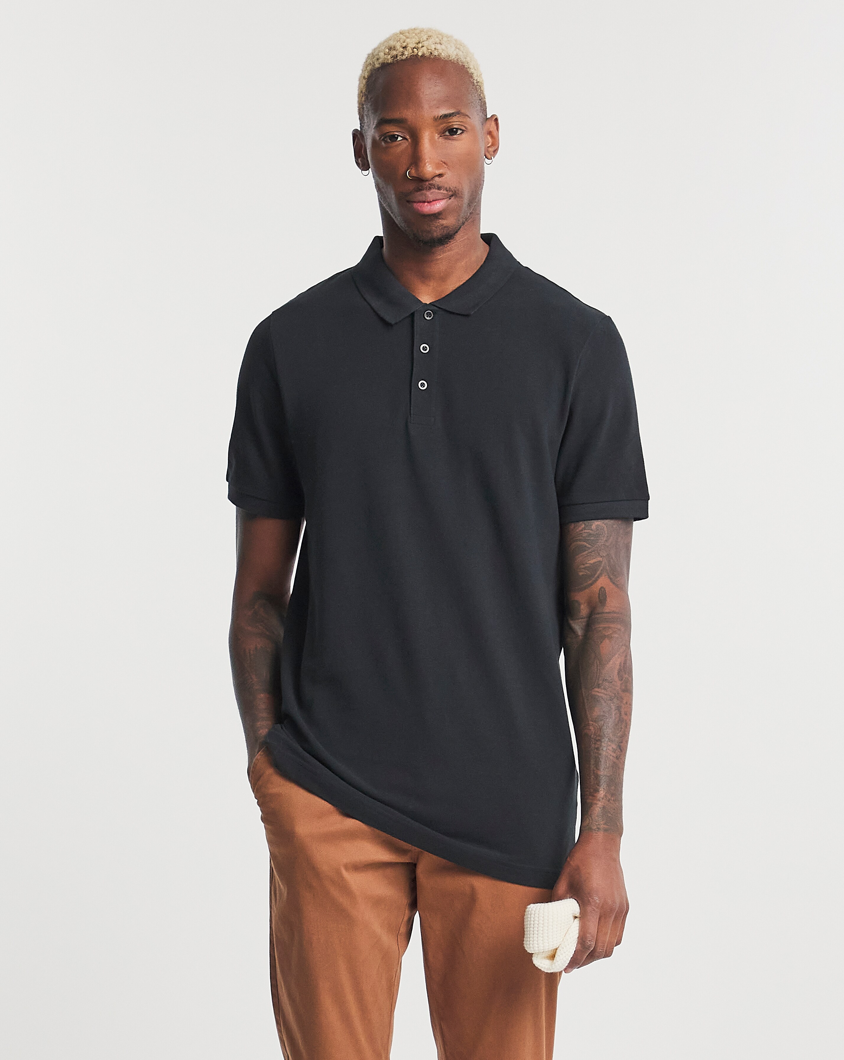 Pure Cotton Pique Polo Long Length- Black