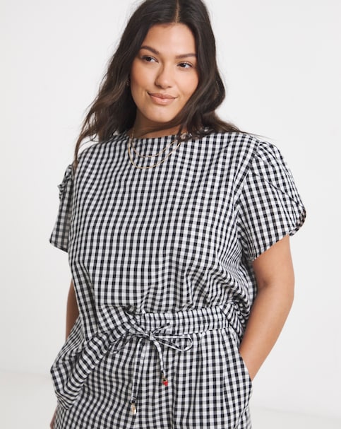 Simply Be Mono Gingham Petal Sleeve Boxy Top