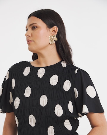 Mono Spot Print Asymm Shirred Midi Dress