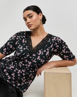 Black Ditsy Luxe Jersey Lace Insert Top