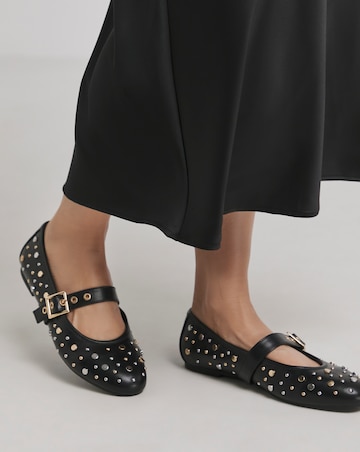 Detroit Embellished Studded Mary Jane Flat Shoes - Wide Fit (E)