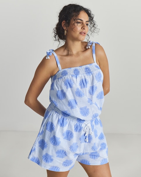 MAGISCULPT Cotton Striped Playsuit With Shell Print