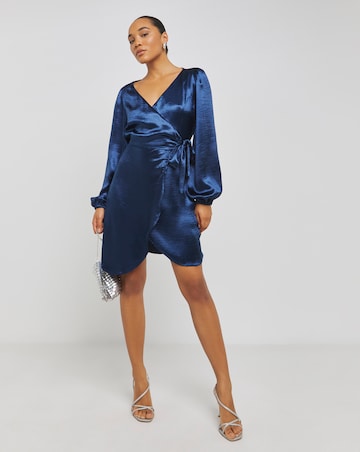 Blue Satin Tie Front Long Sleeve Dress