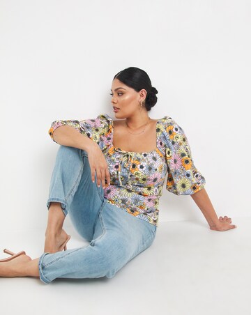 Square Neck Balloon Sleeve Floral Top