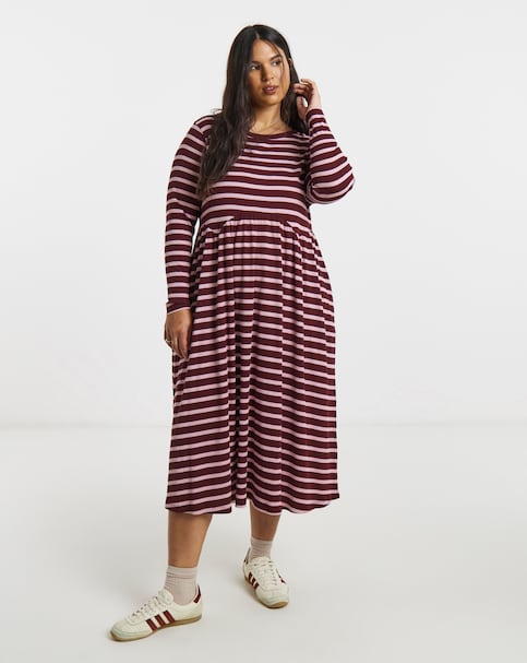 Burgundy And Pink Stripe Ribbed Midi Dress