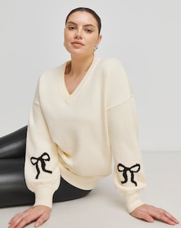 Cream Bow Sleeve V Neck Longline Jumper