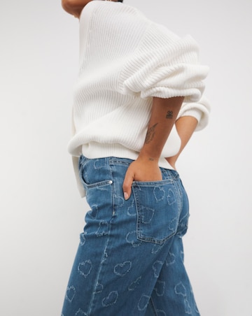 Mid Wash Distressed Heart Straight Leg Jean