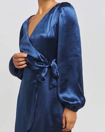 Blue Satin Tie Front Long Sleeve Dress