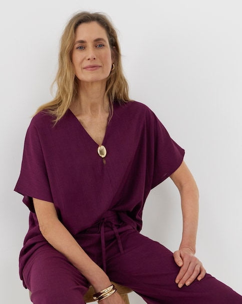 Aubergine Linen Mix Metal Trim Tunic