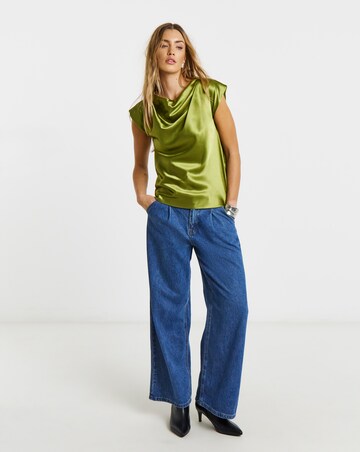 Olive Satin Draped Sleeveless Blouse