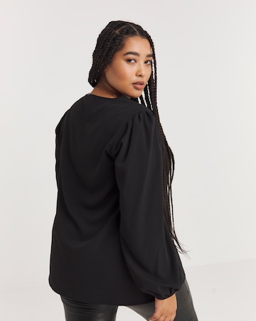 Black Longline V Neck Long Sleeve Boxy Top