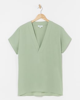 Sage Green V Neck Short Sleeve Boxy Blouse