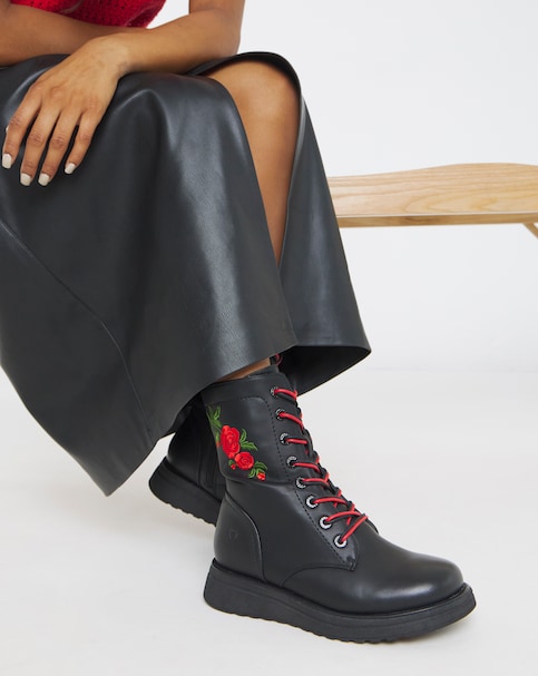 Heavenly Feet Floral Martina Lace Up Chunky Boot Wide Fit