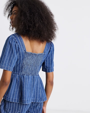 Dark Blue Jacquard Stripe Denim Peplum Top Co Ord