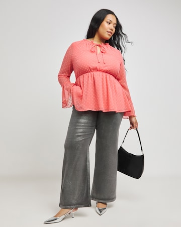 Coral Tie Neck Dobby Long Sleeve Smock Blouse