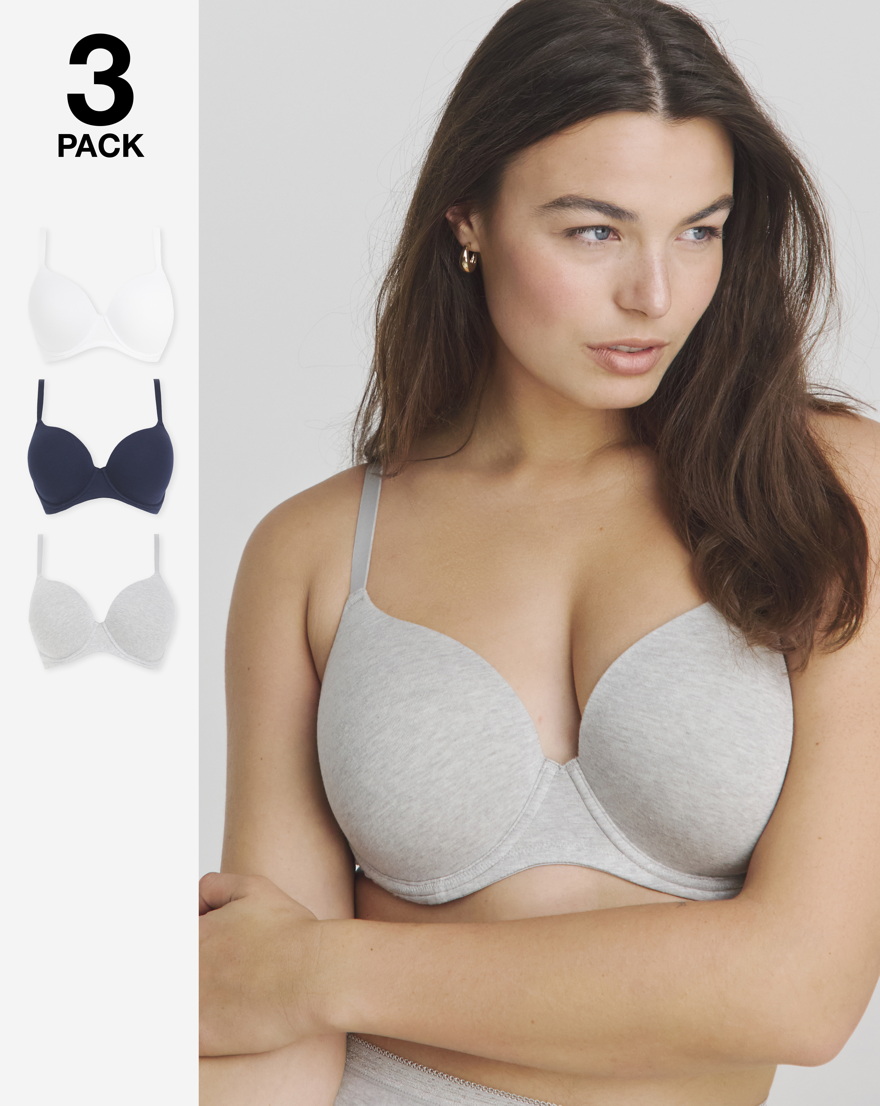 Pretty Secrets (3 Pack) Cotton T-Shirt Wired Bras (B-F) Grey/White/Navy