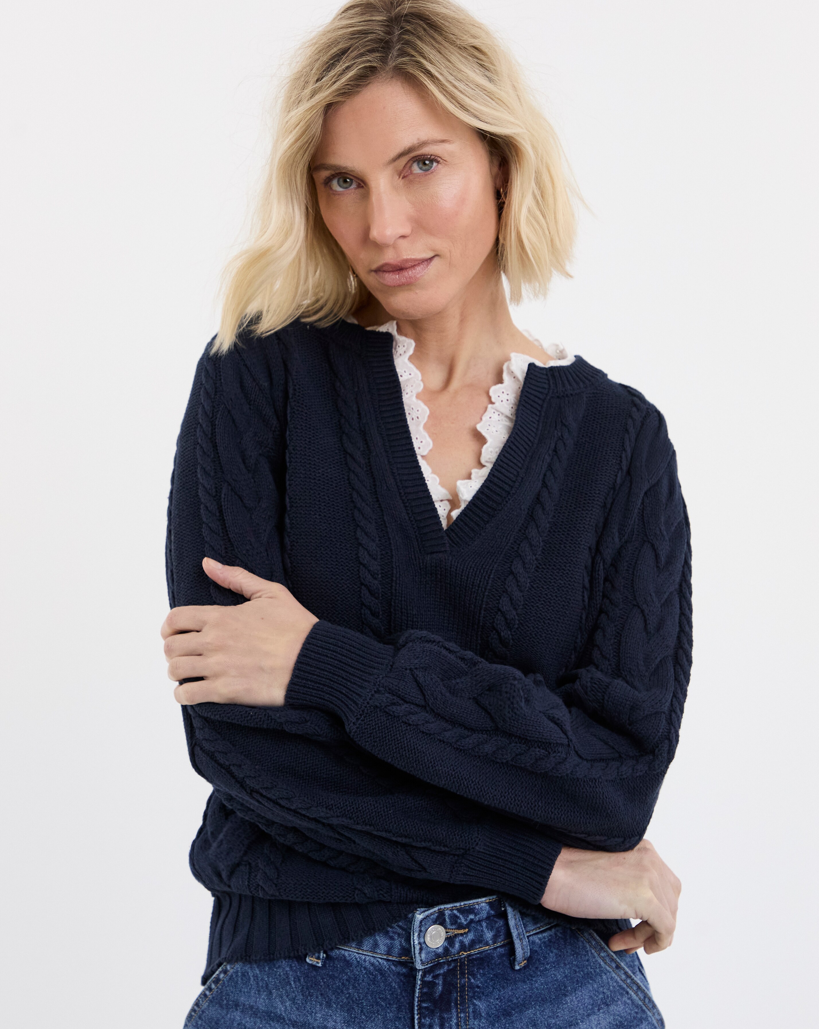 Navy V Neck Frill Knitted Jumper