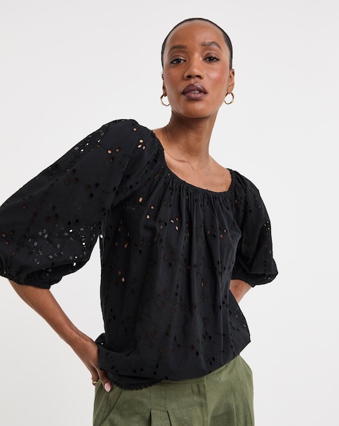 Pure Cotton Broderie Elasticated Neckline Top