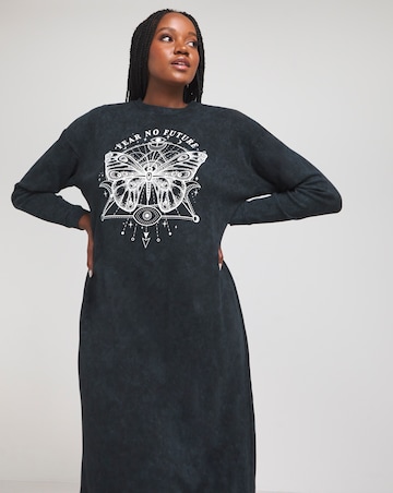 Acid Wash Long Sleeve Celestial Graphic T-Shirt Dress