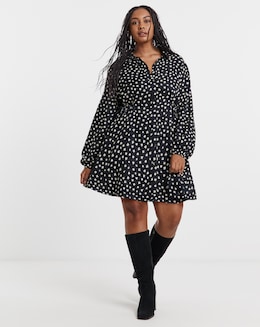 Black Print Midi Shirt Dress