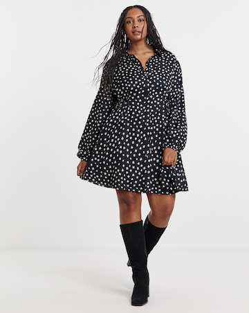 Black Print Midi Shirt Dress