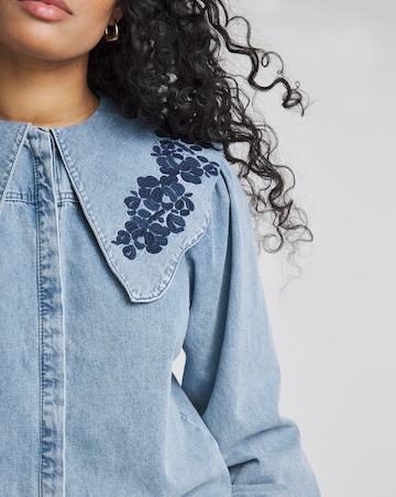Mid Wash Puff Sleeve Denim Blouse with Embroidered Collar