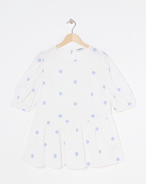 White Embroidered Puff Sleeve Top