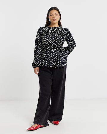 Mono Print Long Sleeve Shirred Top