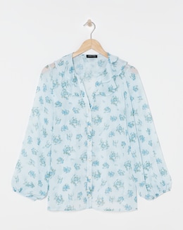 Womens Chiffon Frill Neck Long Sleeve Blouse - Blue Print