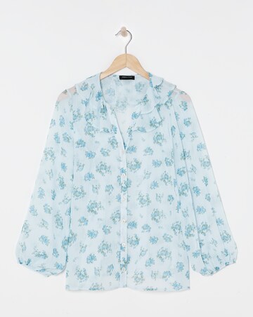 Womens Chiffon Frill Neck Long Sleeve Blouse - Blue Print