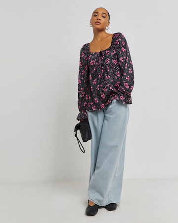 Black Floral Satin Square Neck Blouse with Tie Detail and Frill Cuffs