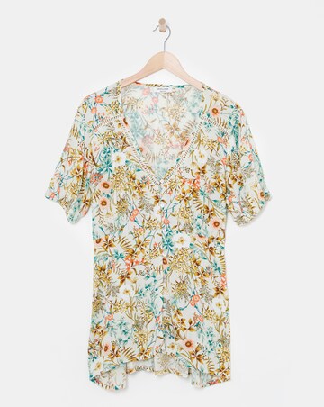 Multi Floral Short Sleeve Button Front Ladder Trim Crinkle Top
