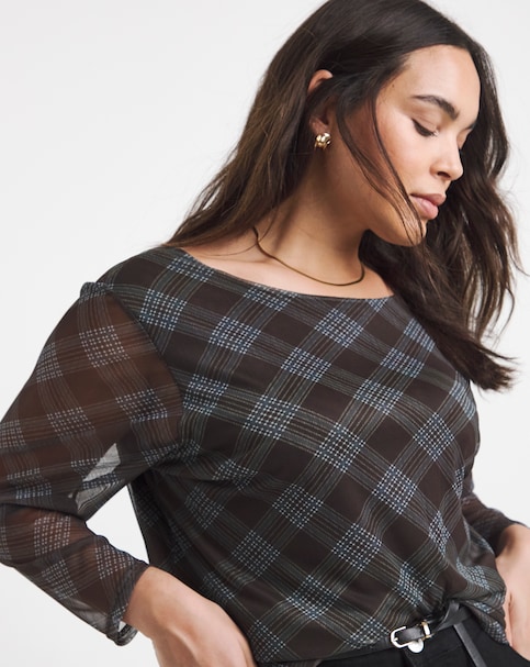 Chocolate & Blue Check Print Mesh Scoop Back Top