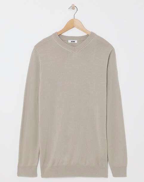 Stone Merino Wool V Neck Jumper