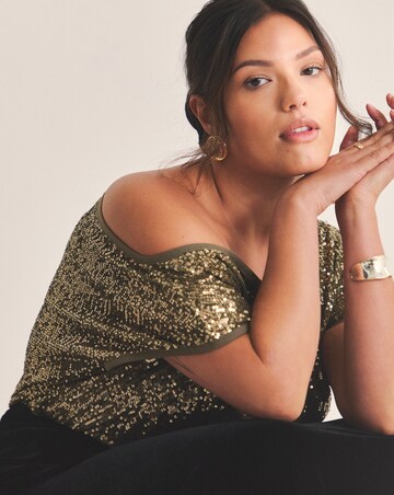 Olive Linear Sequin Off The Shoulder Top