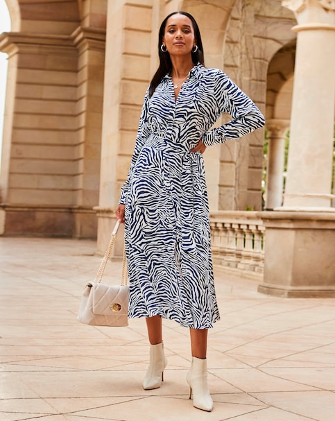 Sosandar Blue & White Zebra Print Midi Shirt Dress