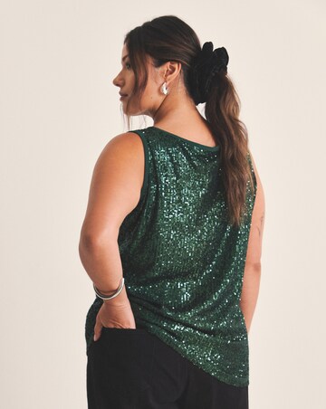 Dark Green Linear Sequin Bow Shoulder Tank Top