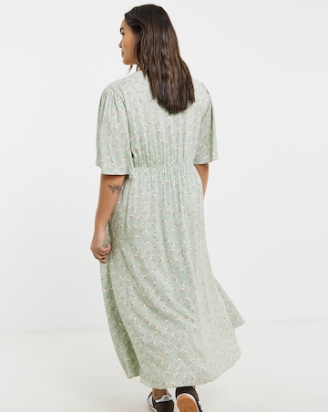 Sage Ditsy Print Spun Viscose Button Up Midi Dress
