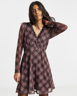 Check Print Mesh Lace Trim Skater Dress