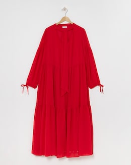 Red Tiered Romantic Maxi Dress With Tie Detail