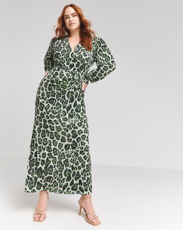 Flounce London Green Slinky Jersey Twist Knot Leopard Print Maxi Dress