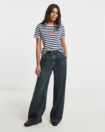 Simply Be Navy & Ivory Stripe Cross Stitch Embroidered T-Shirt